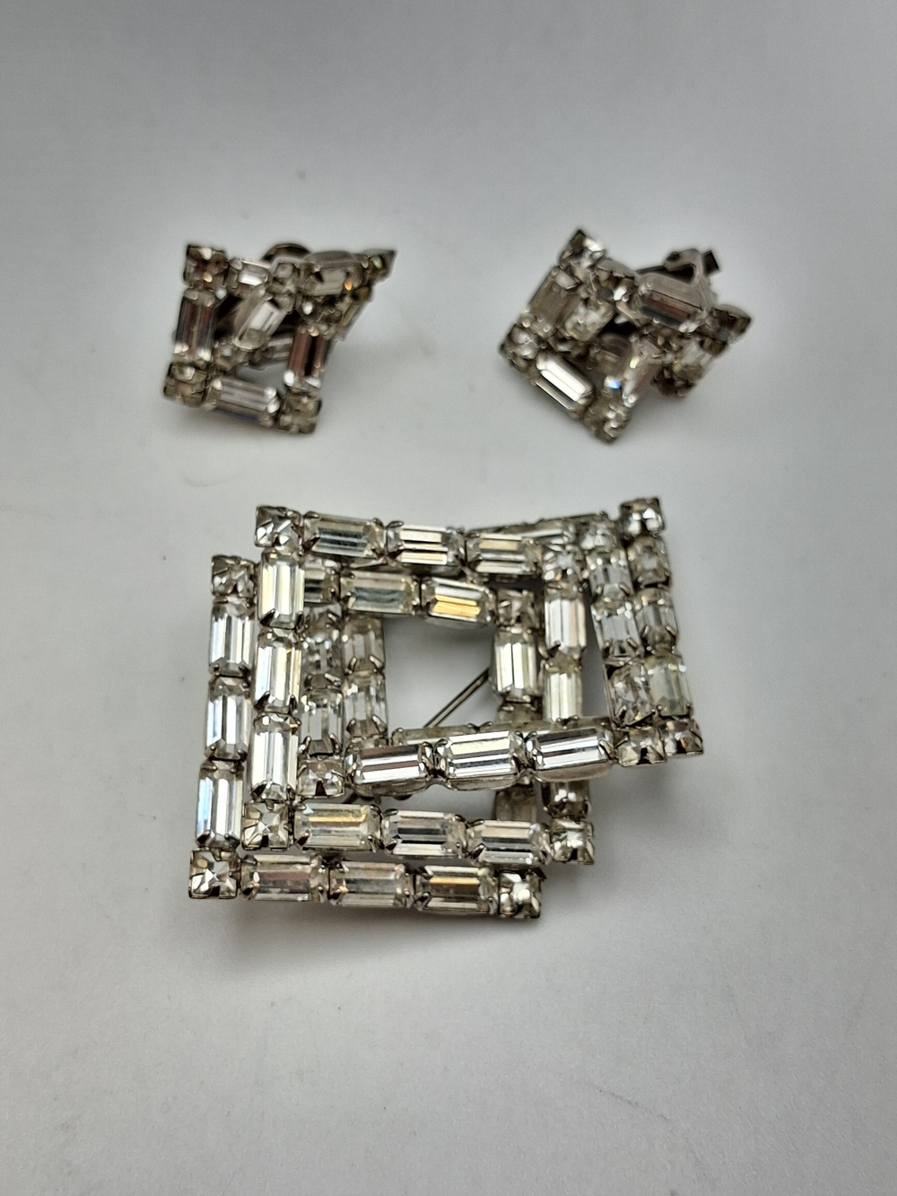 Crystal Square Brooch and Earring Set - Silver Tone